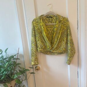 Zara Yellow Green Long Sleeve Wrap Crop Blouse